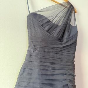Grey Amsale one shoulder maxi dress with tulle overlay